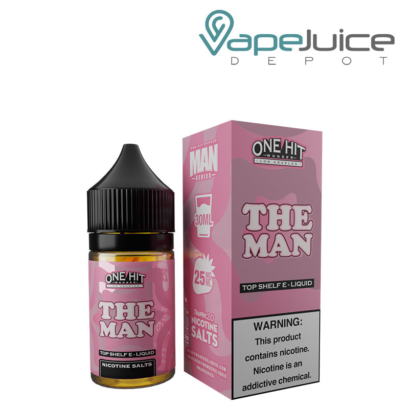 A 30ml bottle of The Man Nicotine Salt eLiquids One Hit Wonder and a box with a warning sign next to it - Vape Juice Depot