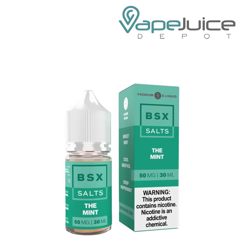 A 30ml bottle of The Mint BSX Salts and a box with a warning sign next to it - Vape Juice Depot