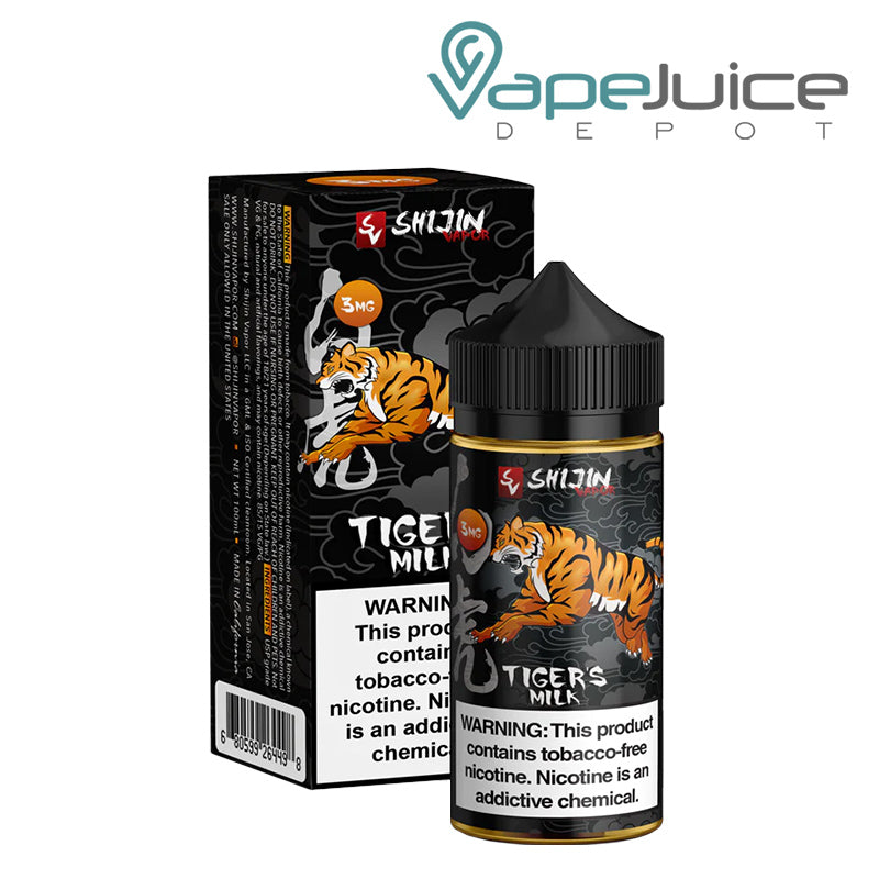 A 100ml bottle of Tigers Milk Shijin Vapor eLiquid and a box with a warning sign next to it - Vape Juice Depot