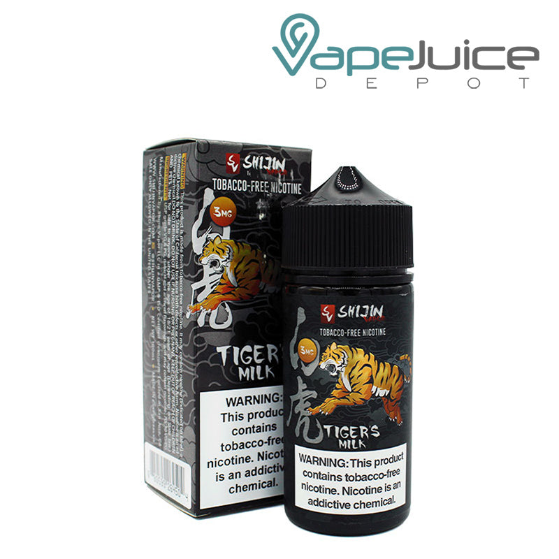 A Box of Tigers Milk Shijin Vapor eLiquid with a warning sign and a 100ml bottle next to it - Vape Juice Depot