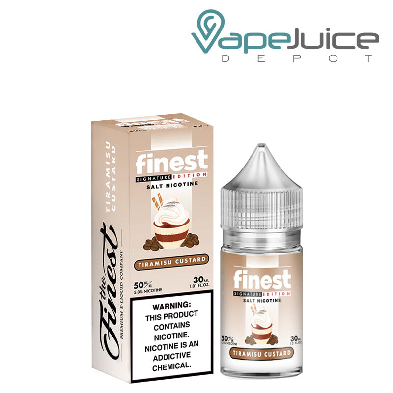 A box of Tiramisu Custard Finest SaltNic Series with a warning sign and a 30ml bottle next to it - Vape Juice Depot