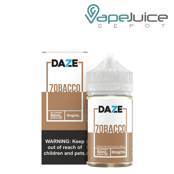 A Box of Tobacco 7 Daze TFN eLiquid with a warning sign and a 60ml bottle next to it - Vape Juice Depot