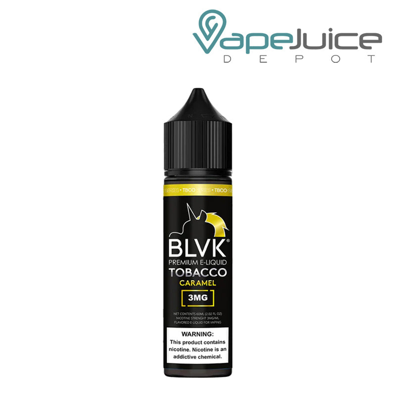 A 60ml bottle of Tobacco Caramel BLVK Unicorn eLiquid with a warning sign - Vape Juice Depot