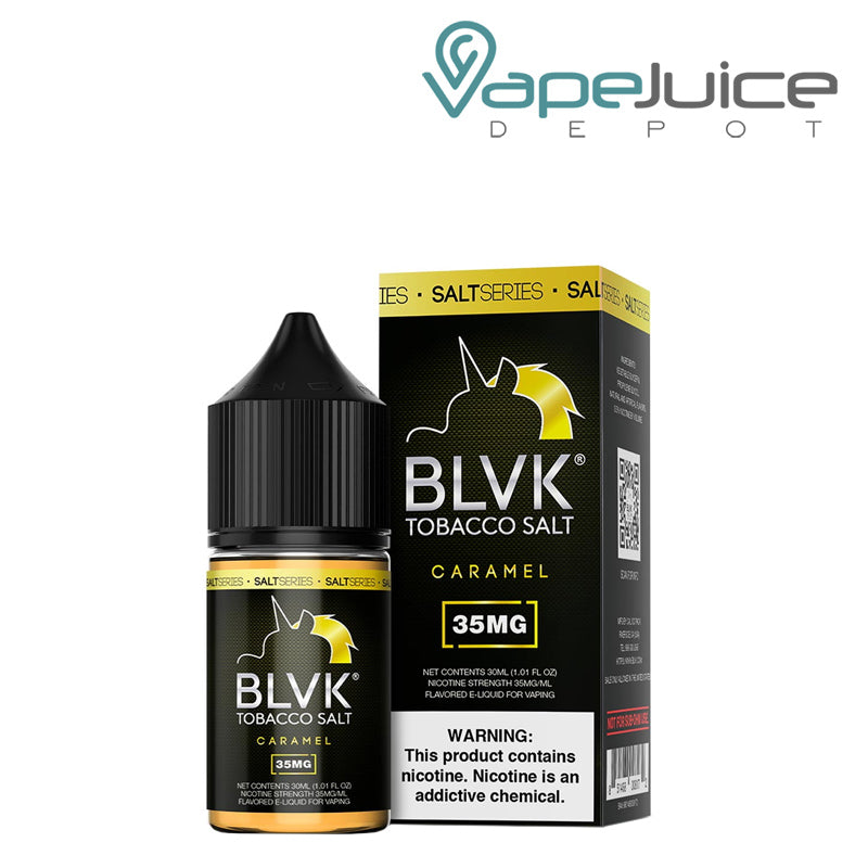 A 30ml bottle of Tobacco Caramel Salt BLVK Unicorn and a box with a warning sign next to it - Vape Juice Depot