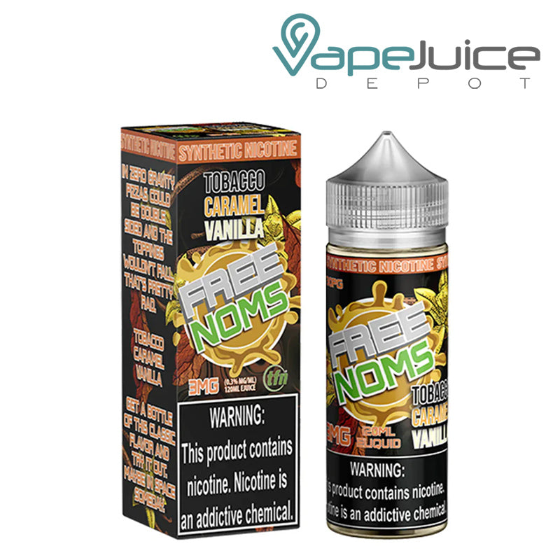 A Box of Tobacco Caramel Vanilla FreeNoms TFN with a warning sign next to a 120ml bottle - Vape Juice Depot