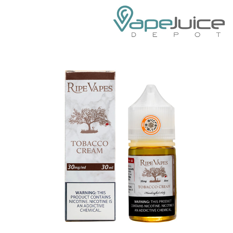 A Box of Tobacco Cream Saltz Ripe Vapes with a warning sign and a 30ml bottle next to it - Vape Juice Depot