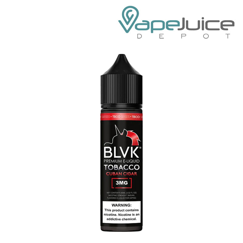 A 60ml bottle of Tobacco Cuban Cigar BLVK Unicorn eLiquid with a warning sign - Vape Juice Depot