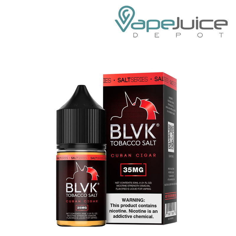 A 30ml bottle of Tobacco Cuban Cigar Salt BLVK Unicorn and a box with a warning sign next to it - Vape Juice Depot