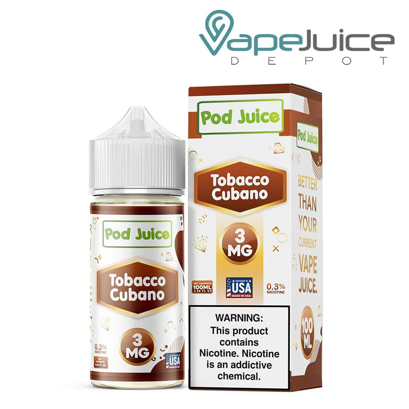 A Box of Tobacco Cubano Pod Juice eLiquid with a warning sign and a 100ml bottle next to it - Vape Juice Depot