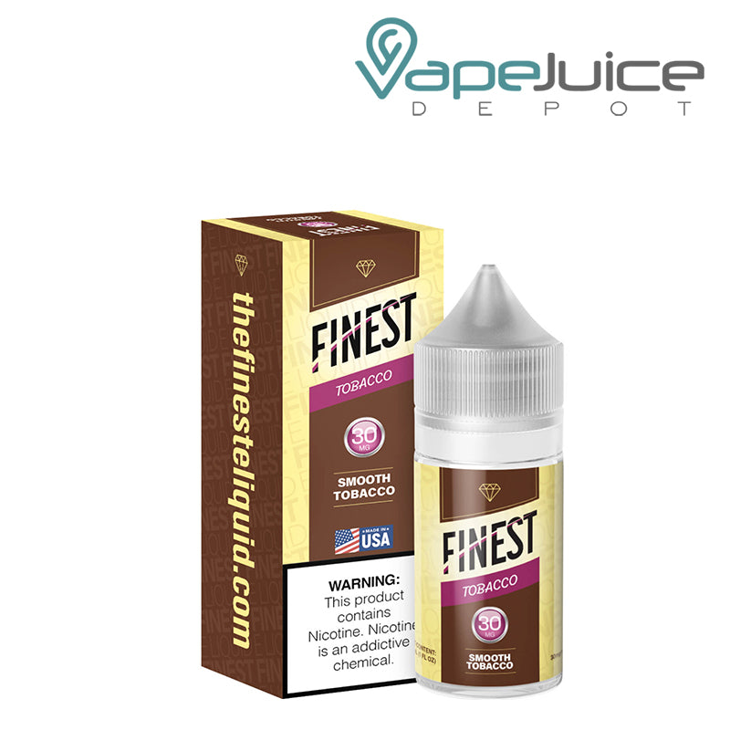 A Box of Smooth Tobacco The Finest Salt Nic with a warning sign and a 30ml 30mg bottle next to it - Vape Juice Depot