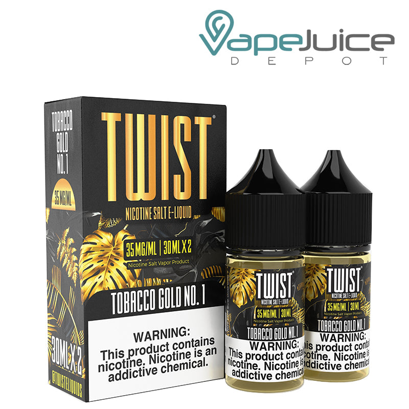 A box of Tobacco Gold No. 1 Twist Salt 35mg E-Liquid with a warning sign and two 30ml bottles next to it - Vape Juice Depot