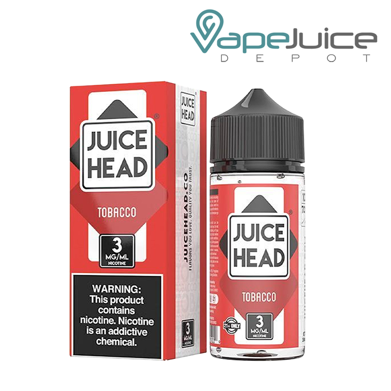 A box of Tobacco Juice Head eLiquid with a warning sign and a 100ml bottle next to it - Vape Juice Depot