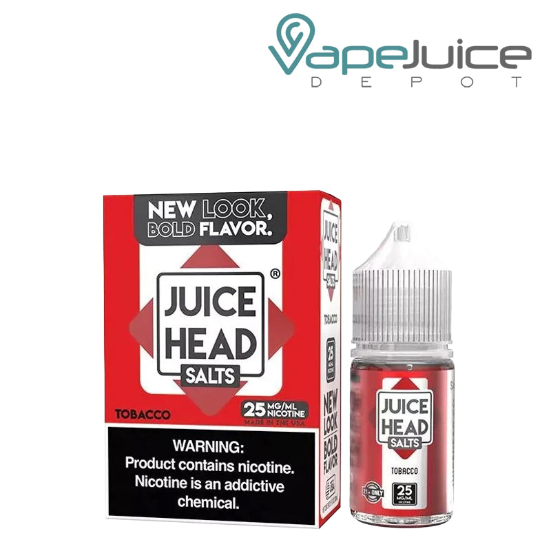 A box of Tobacco Juice Head salt with a warning sign and a 30ml bottle next to it - Vape Juice Depot