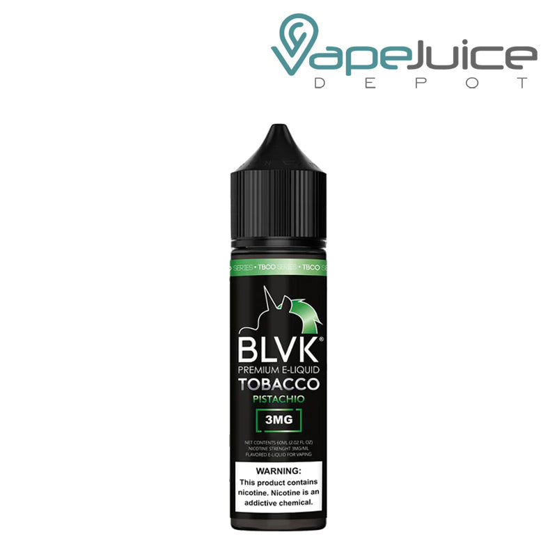 A 60ml bottle of Tobacco Pistachio BLVK Unicorn eLiquid with a warning sign - Vape Juice Depot