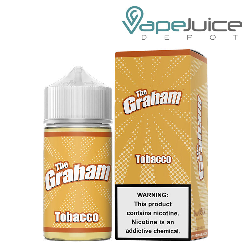 A 60ml bottle of Tobacco The Graham Mamasan eLiquid and a box with a warning sign next to it - Vape Juice Depot