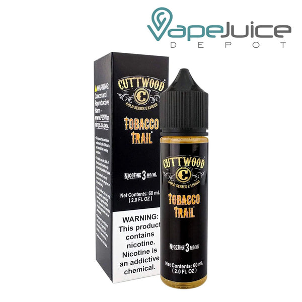 A box of Tobacco Trail Cuttwood eLiquid with a warning sign and a 60ml bottle next to it - Vape Juice Depot