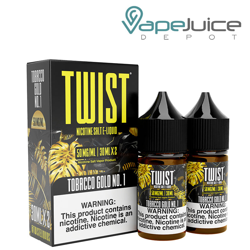 A box of Tobacco Gold No. 1 Twist Salt 50mg E-Liquid with a warning sign and two 30ml bottles next to it - Vape Juice Depot