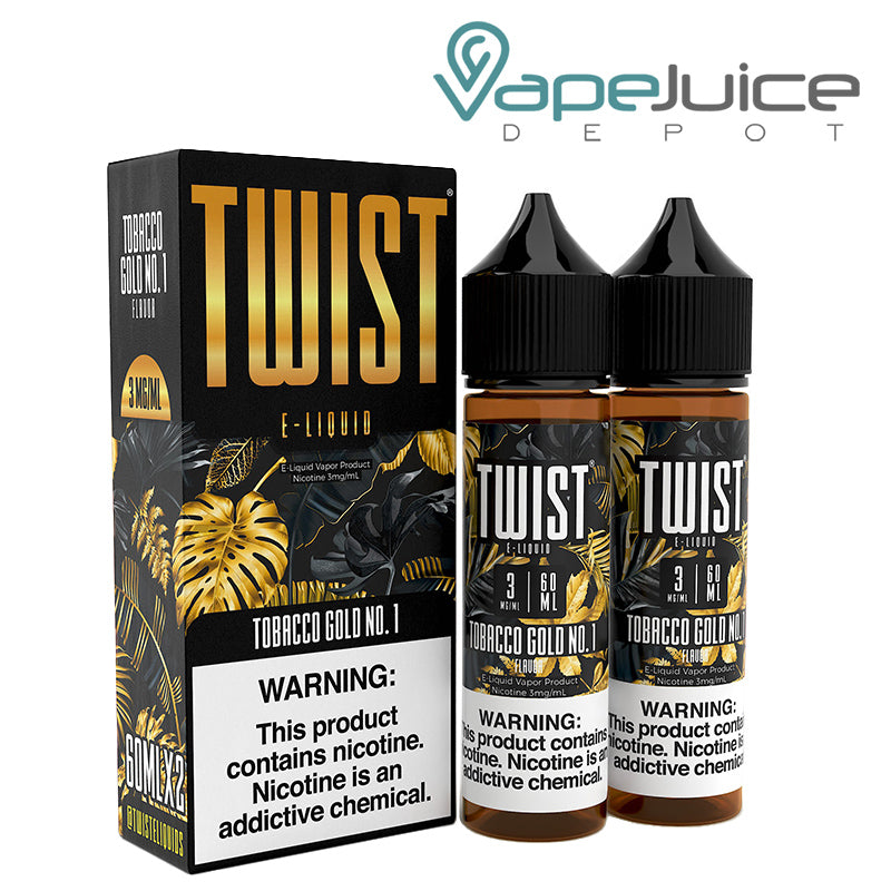 A box of Tobacco Gold No 1 Twist 3mg E-Liquid with a warning sign and two 60ml bottles next to it - Vape Juice Depot