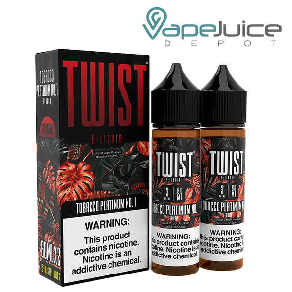 A box of Tobacco Platinum No. 1 Twist 3mg E-Liquid with a warning sign and two 60ml bottles next to it - Vape Juice Depot