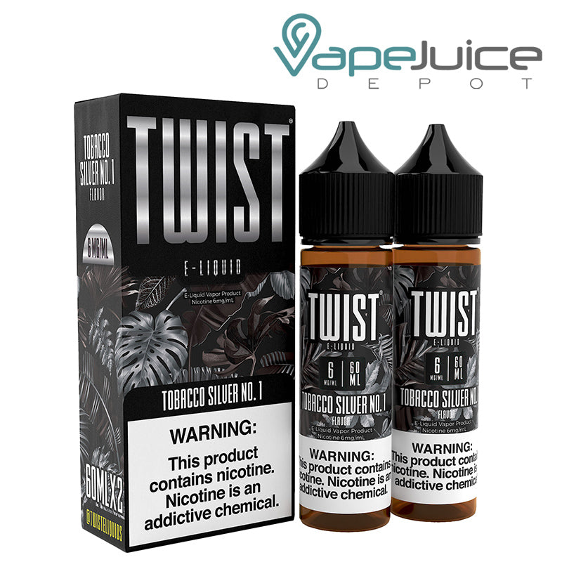 A box of Tobacco Silver No 1 Twist 6mg E-Liquid with a warning sign and two 60ml bottles next to it - Vape Juice Depot