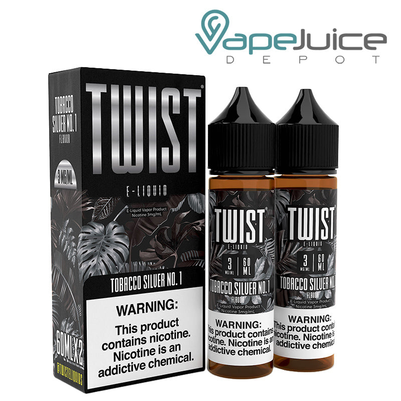A box of Tobacco Silver No 1 Twist 3mg E-Liquid with a warning sign and two 60ml bottles next to it - Vape Juice Depot