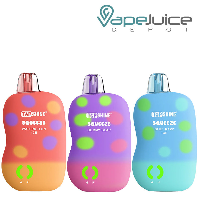 Three Flavors of TopShine Squeeze 10000 Disposable and a LED Indicator on it - Vape Juice Depot