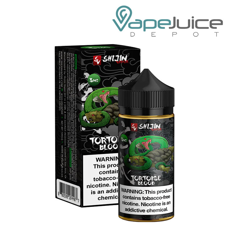 A 100ml bottle of Shijin Vapor Tortoise Blood eLiquid and a box with a warning sign next to it - Vape Juice Depot