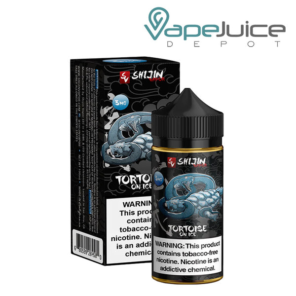 A 100ml bottle of Tortoise On Ice Shijin Vapor eLiquid and a box with a warning sign next to it - Vape Juice Depot