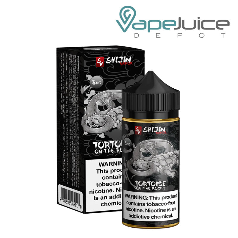 A 100ml bottle of Tortoise On The Rocks Shijin Vapor eLiquid and a box with a warning sign next to it - Vape Juice Depot