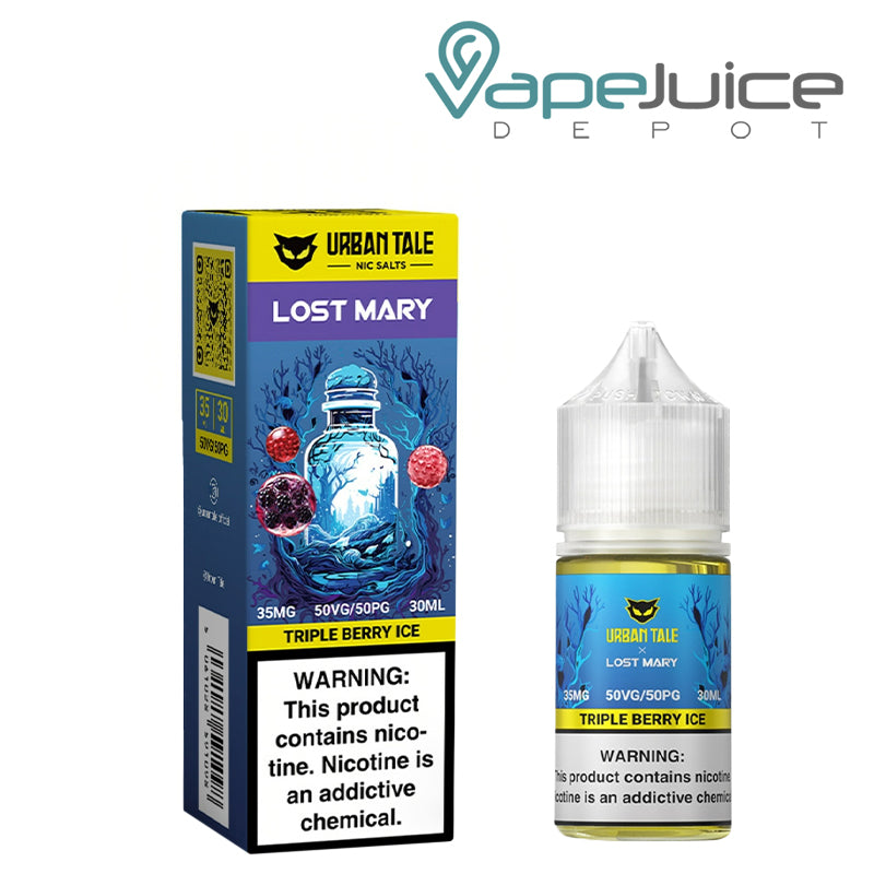 A Box of Triple Berry Ice Urban Tale x Lost Mary Salt 35mg with a warning sign and a 30ml bottle next to it - Vape Juice Depot