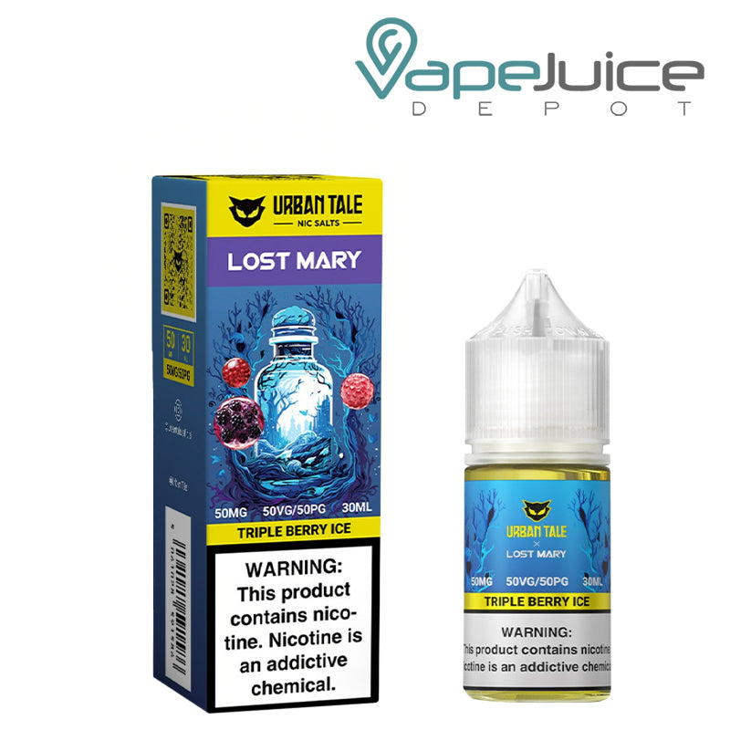 A Box of Triple Berry Ice Urban Tale x Lost Mary Salt 50mg with a warning sign and a 30ml bottle next to it - Vape Juice Depot