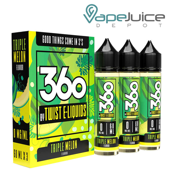 A box of Triple Melon 360 Twist eLiquid and three 60ml bottles with a warning sign next to it - Vape Juice Depot