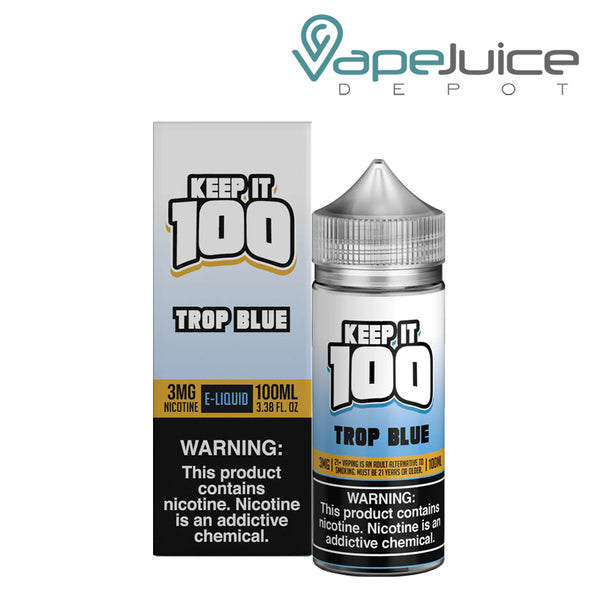 A box of Trop Blue (OG Tropical Blue) Keep it 100 TFN eLiquid with a warning sign and a 100ml bottle next to it - Vape Juice Depot