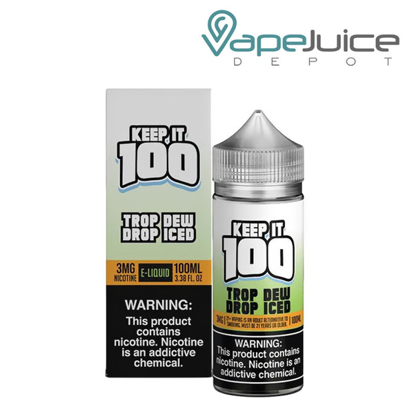 A box of Trop Dew Drop Iced Keep it 100 TFN eLiquid with a warning sign and a 100ml bottle next to it - Vape Juice Depot
