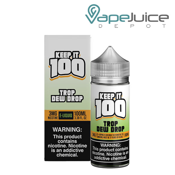 A box of Trop Dew Drop Keep it 100 TFN eLiquid with a warning sign and a 100ml bottle next to it - Vape Juice Depot