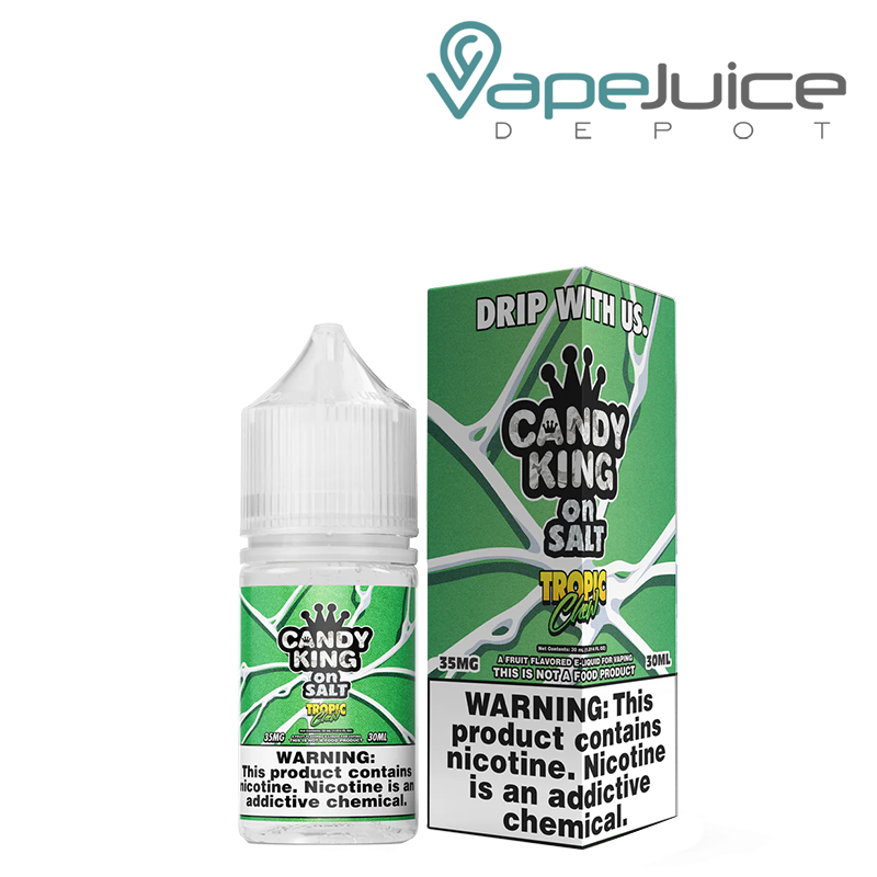 A 30ml bottle of Tropic Chew Candy King TFN Salt and a box with a warning sign next to it - Vape Juice Depot