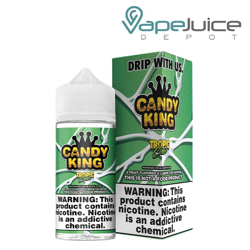 A 100ml bottle of Tropic Chew Candy King TFN eLiquid and a box with a warning sign next to it - Vape Juice Depot