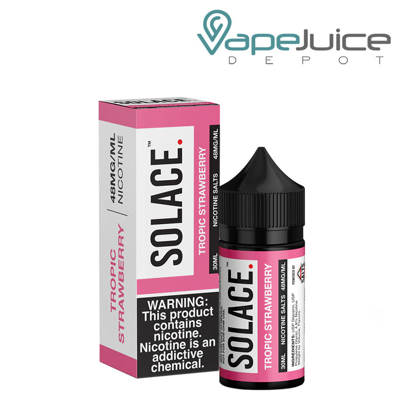 A box of Tropic Strawberry Solace Salts 48mg with a warning sign and a 30ml bottle next to it - Vape Juice Depot