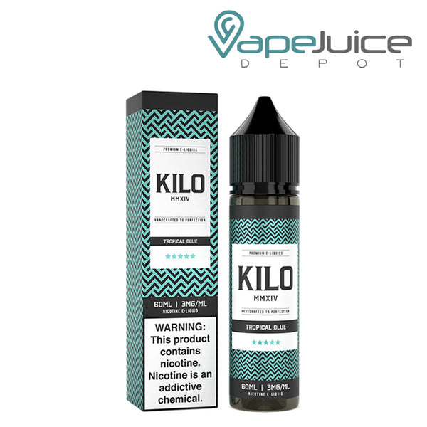 A box of Tropical Blue Kilo eLiquid with a warning sign and a 60ml bottle next to it - Vape Juice Depot