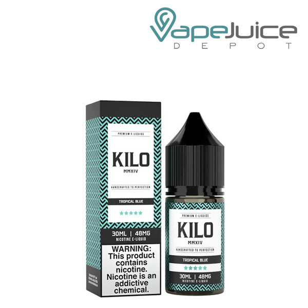A box of Tropical Blue Salts Kilo eLiquid with a warning sign and a 30ml bottle next to it - Vape Juice Depot