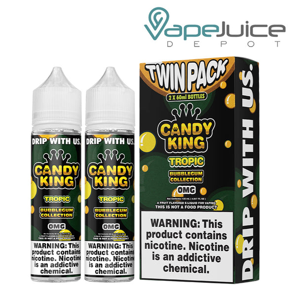 Two 60ml bottles of Tropical Candy King Bubblegum and a box with a warning sign next to it - Vape Juice Depot