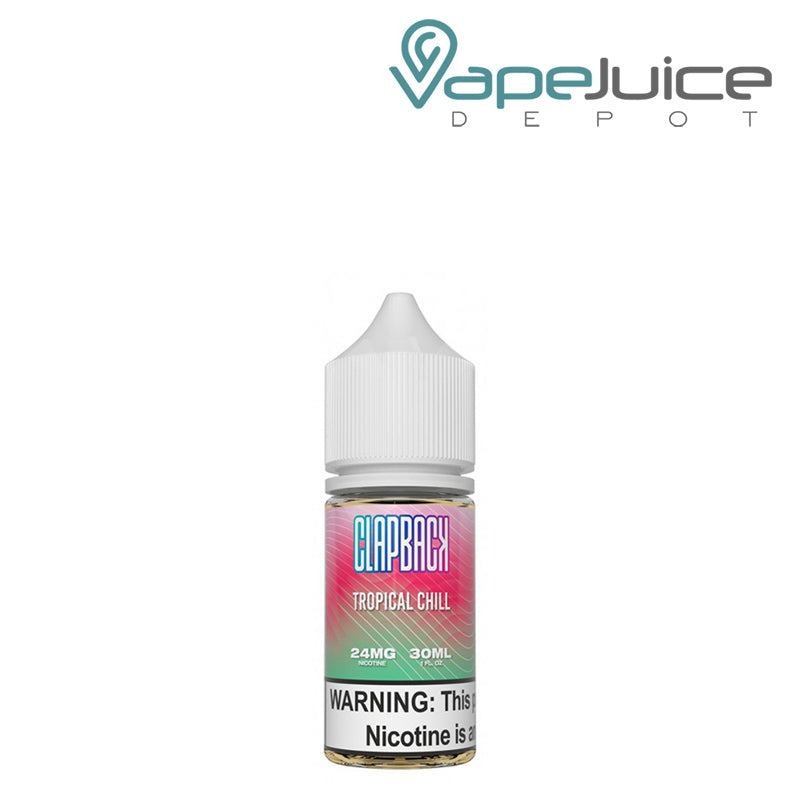 A 30ml bottle of Tropical Chill SVRF ClapBack TFN Salt eLiquid with a warning sign - Vape Juice Depot