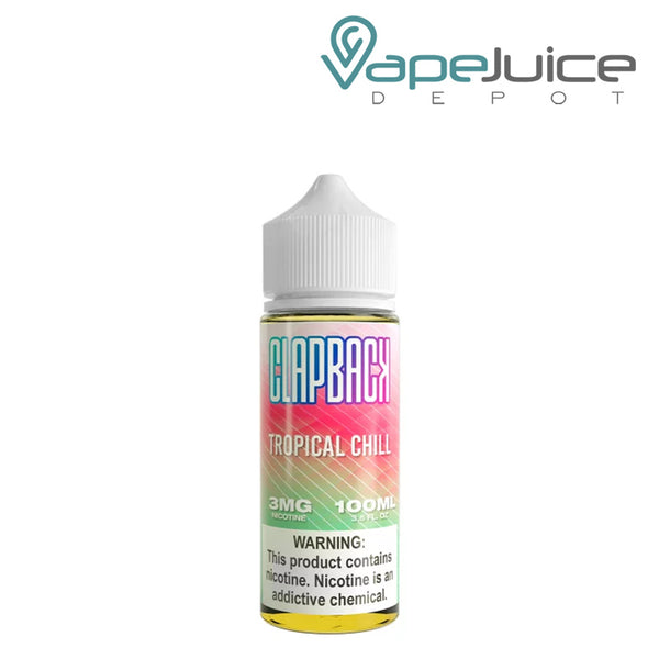A 100ml bottle of Tropical Chill SVRF ClapBack TFN eLiquid with a warning sign - Vape Juice Depot