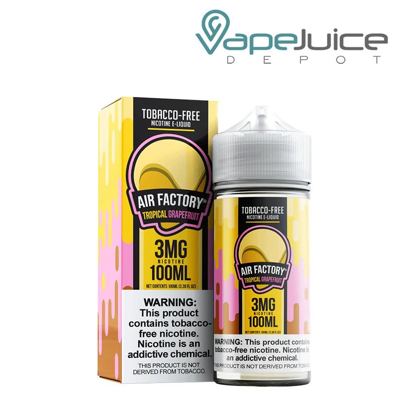 A box of Tropical Grapefruit Air Factory Synthetic eLiquid with a warning sign and a 100ml bottle next to it - Vape Juice Depot