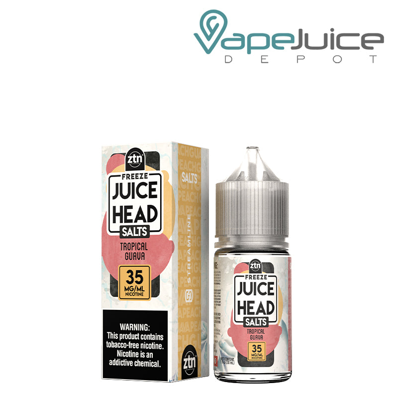 A box of 35mg Tropical Guava ZTN Salts Juice Head Freeze with a warning sign and a 30ml bottle next to it - Vape Juice Depot