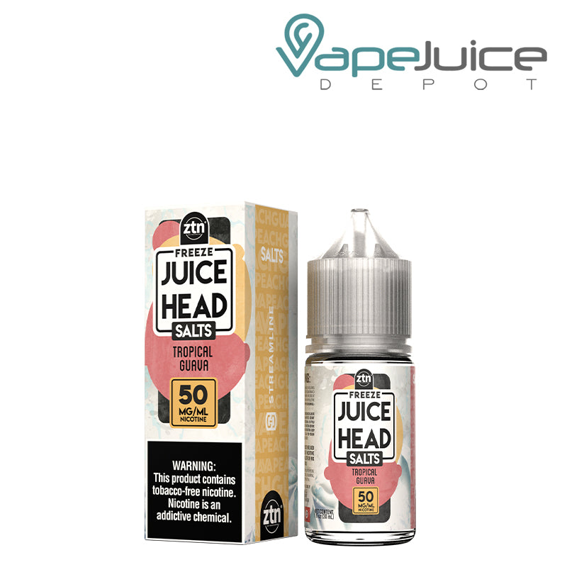 A box of 50mg Tropical Guava ZTN Salts Juice Head Freeze with a warning sign and a 30ml bottle next to it - Vape Juice Depot