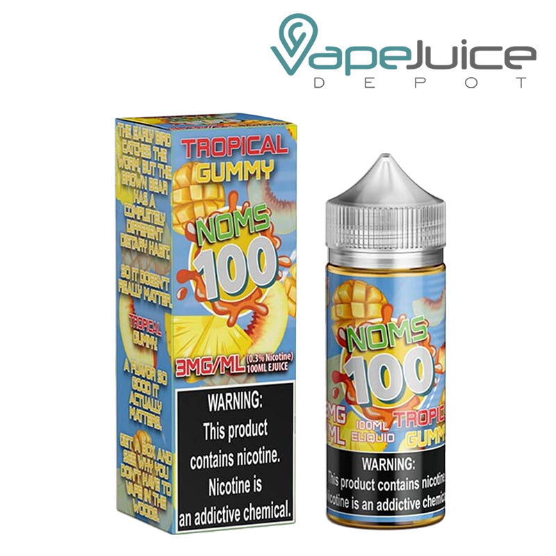 A Box of Tropical Gummy Noms 100 Series with a warning sign next to a 100ml bottle - Vape Juice Depot