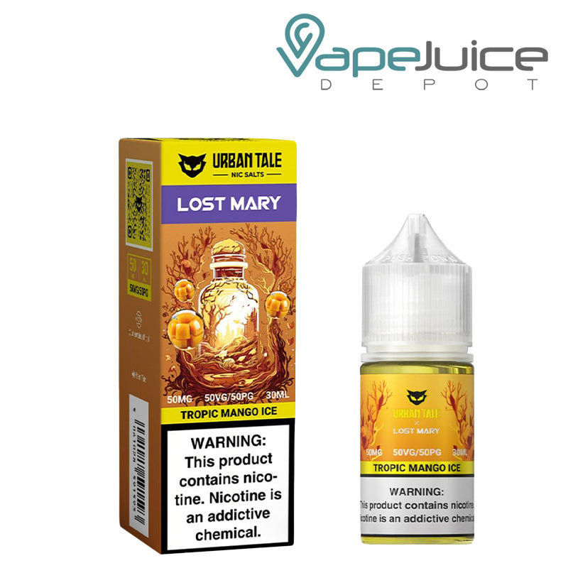 A Box of Tropical Mango ice Urban Tale x Lost Mary Salt 50mg with a warning sign and a 30ml bottle next to it - Vape Juice Depot