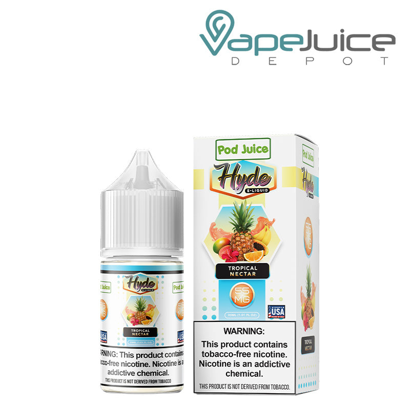 A 30ml bottle of Tropical Nectar Hyde Pod Juice TFN Salt and a box with a warning sign next to it - Vape Juice Depot