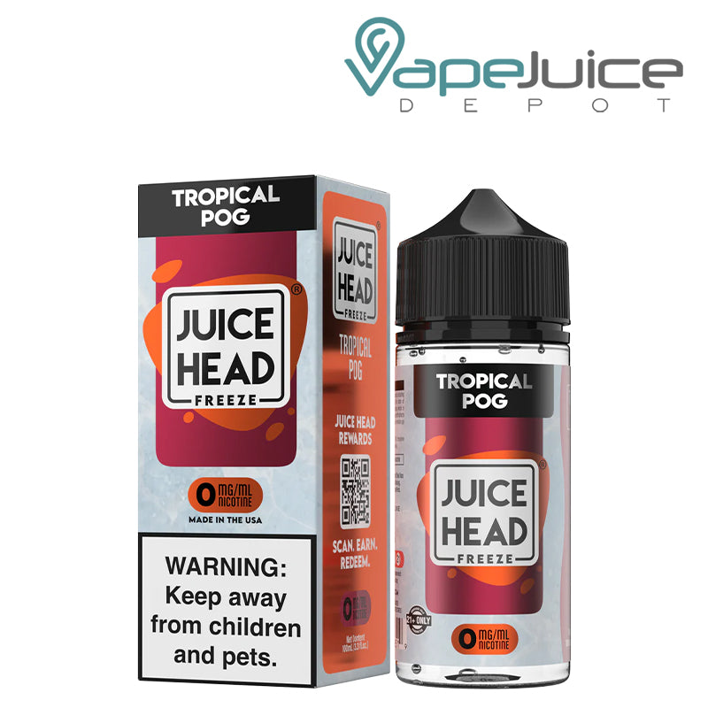 A Box of Tropical POG Juice Head with a warning sign and a 100ml bottle next to it - Vape Juice Depot
